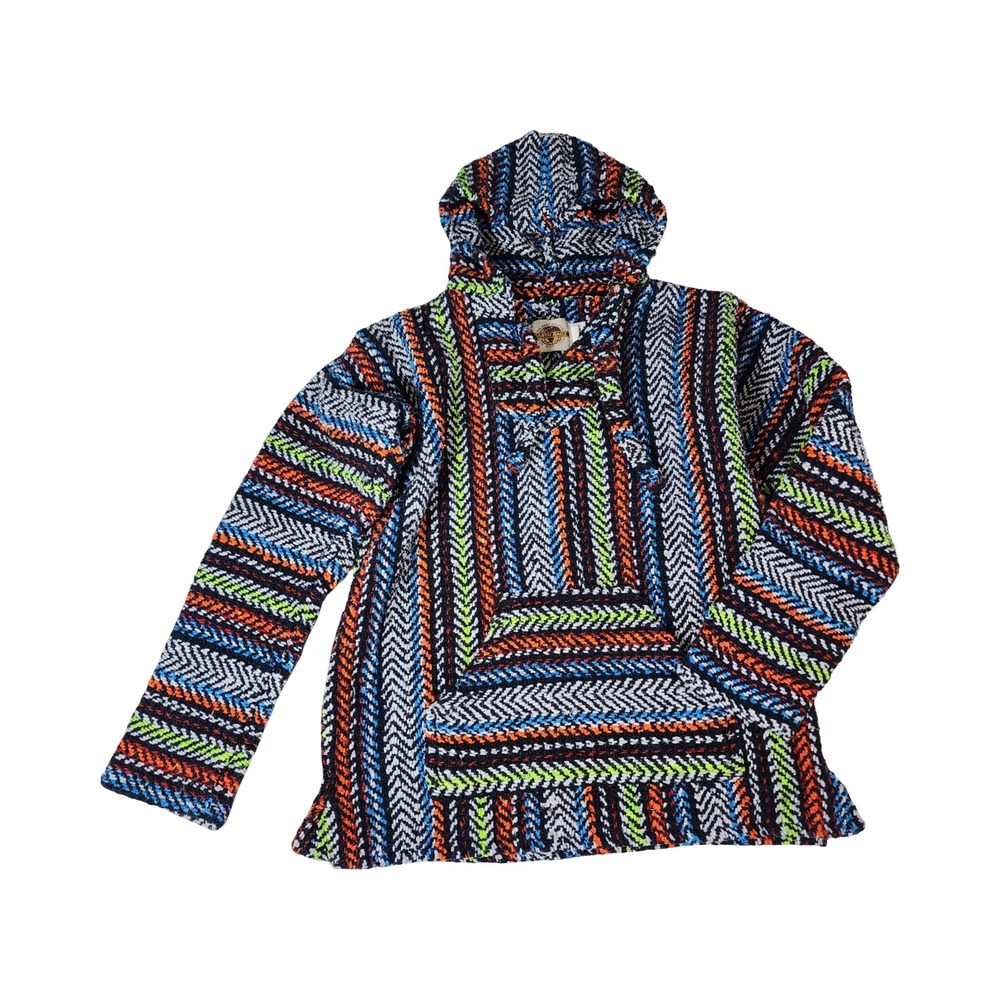 Earth Ragz Baja Hoodie Mens Small Multi Color Striped Woven Pullover‎ Mexico S